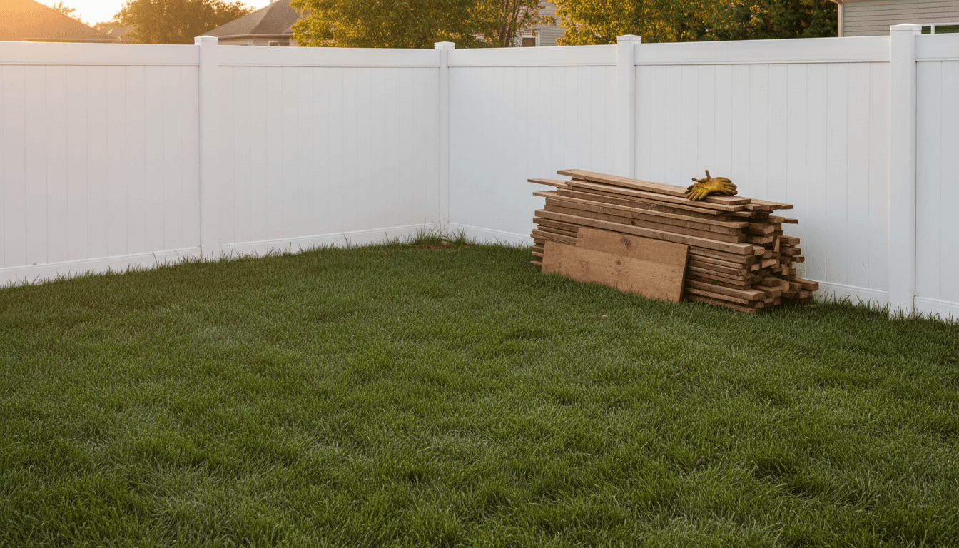 Tidy backyard after shed clean-out, lumber stacked neatly in corner