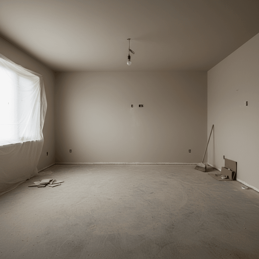 Empty room after renovation debris cleanup, dusty floor and scattered drywall remnants