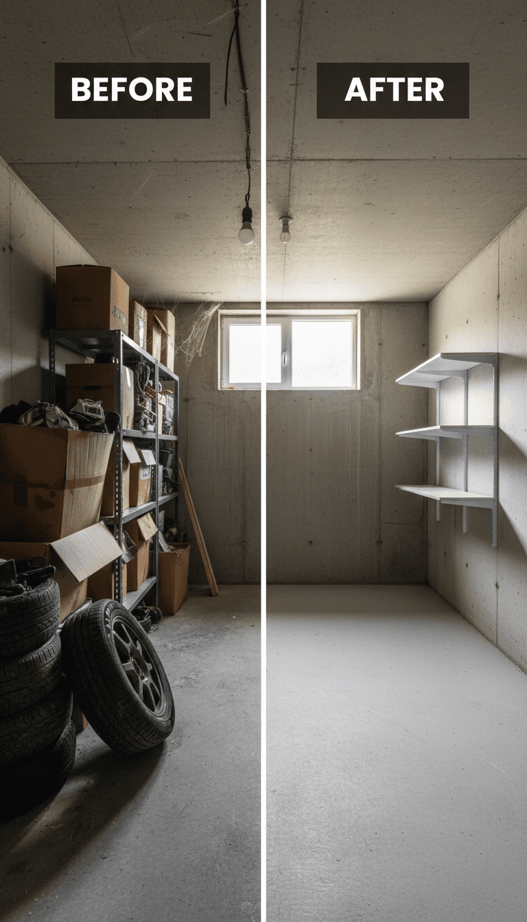Before and after of a storage space cleared of junk