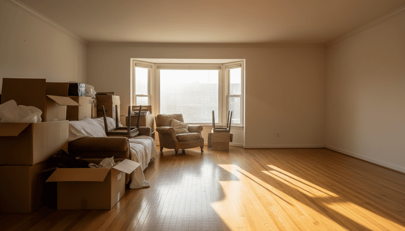 Sunlit room mid-cleanout with stacked boxes and cleared hardwood floors