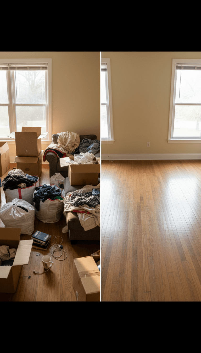 Before and after of a decluttered living room
