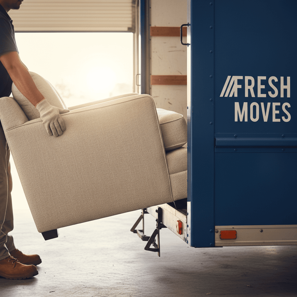 A worker in gloves loading a sofa onto a junk removal truck.