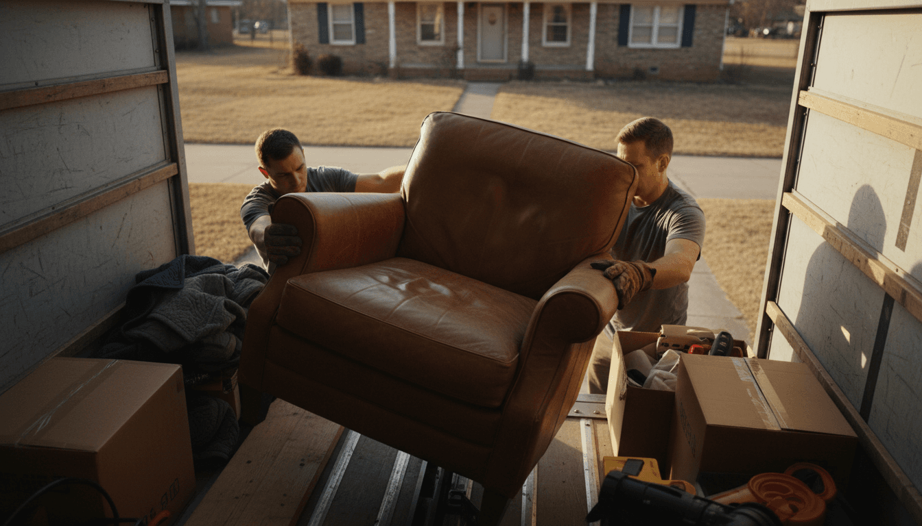 Pickup truck loaded with junk in a residential driveway
