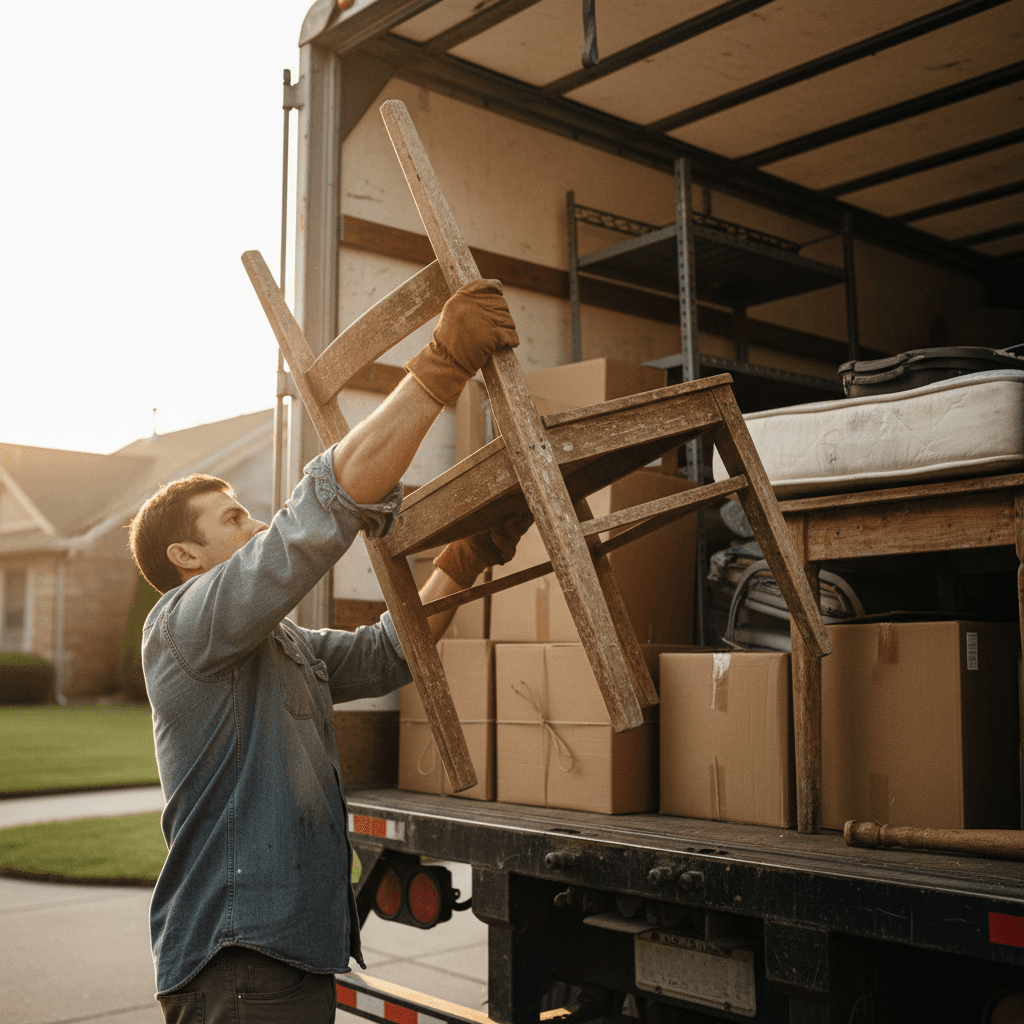 A junk removal truck parked on a residential street in Kansas City, loaded with furniture and debris, with a crew member standing nearby