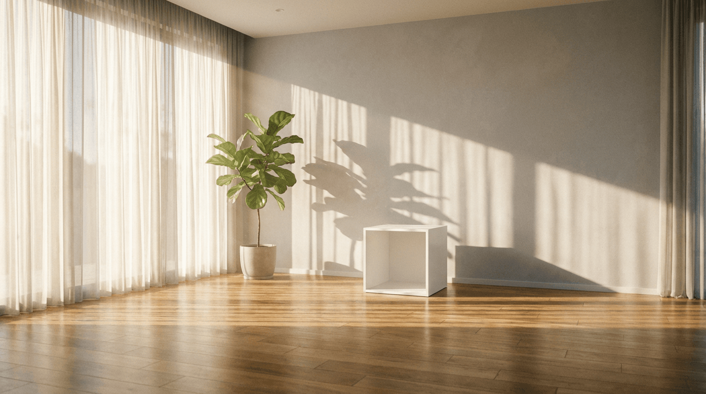 Empty living room after a junk removal job, with sunlight streaming through a window and dust motes visible in the air