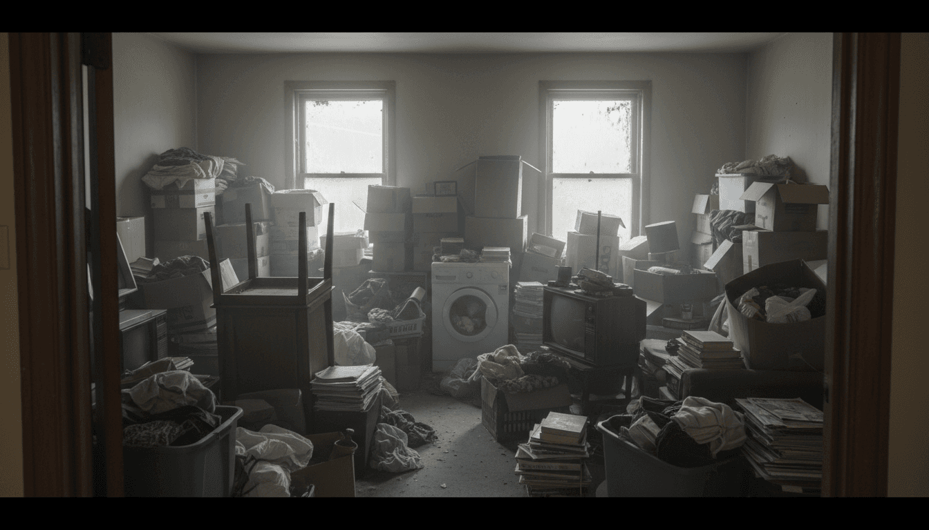 Worker carrying boxed armchair through a partially cleared living room toward front door