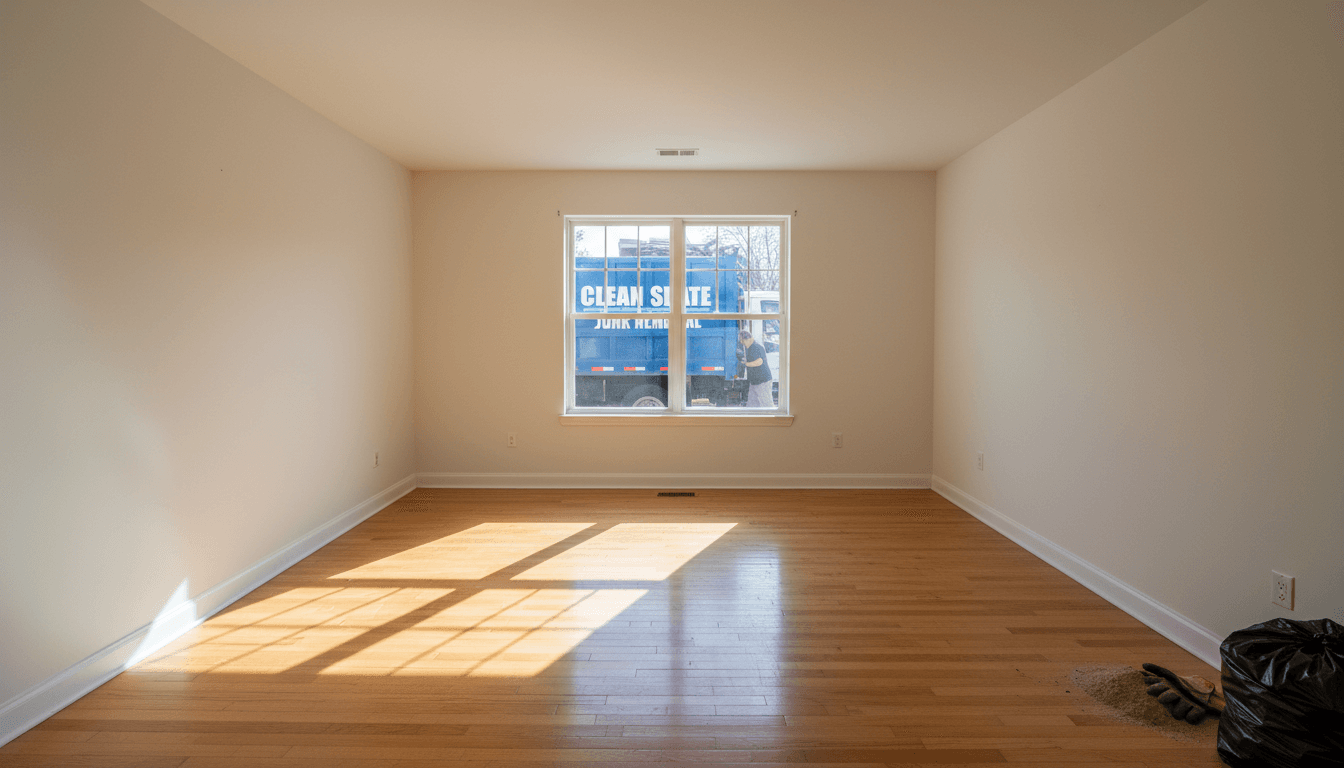 Empty, freshly cleaned living room after junk removal, sunlight streaming in through windows